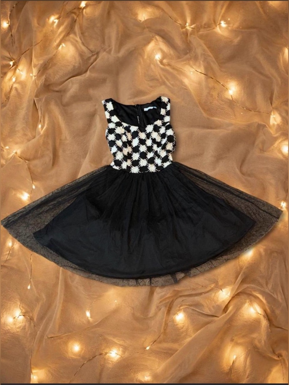 Jun & Ivy Black Ivory Embroidered Tulle Fit & Flare Dress Size M